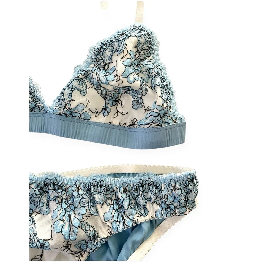 Angela Friedman London Silk Lace Bra and Panty set powder blue floral satin new